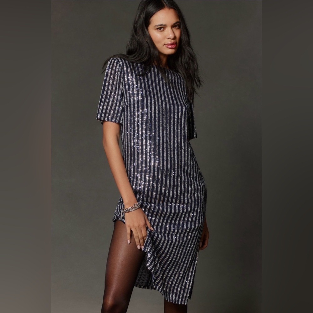 Anthropologie Flat White Short-Sleeve Sequin Stripe Midi Dress